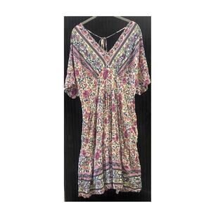 GiGiO Women’s Boho Floral Peasant Dress V Neck Large